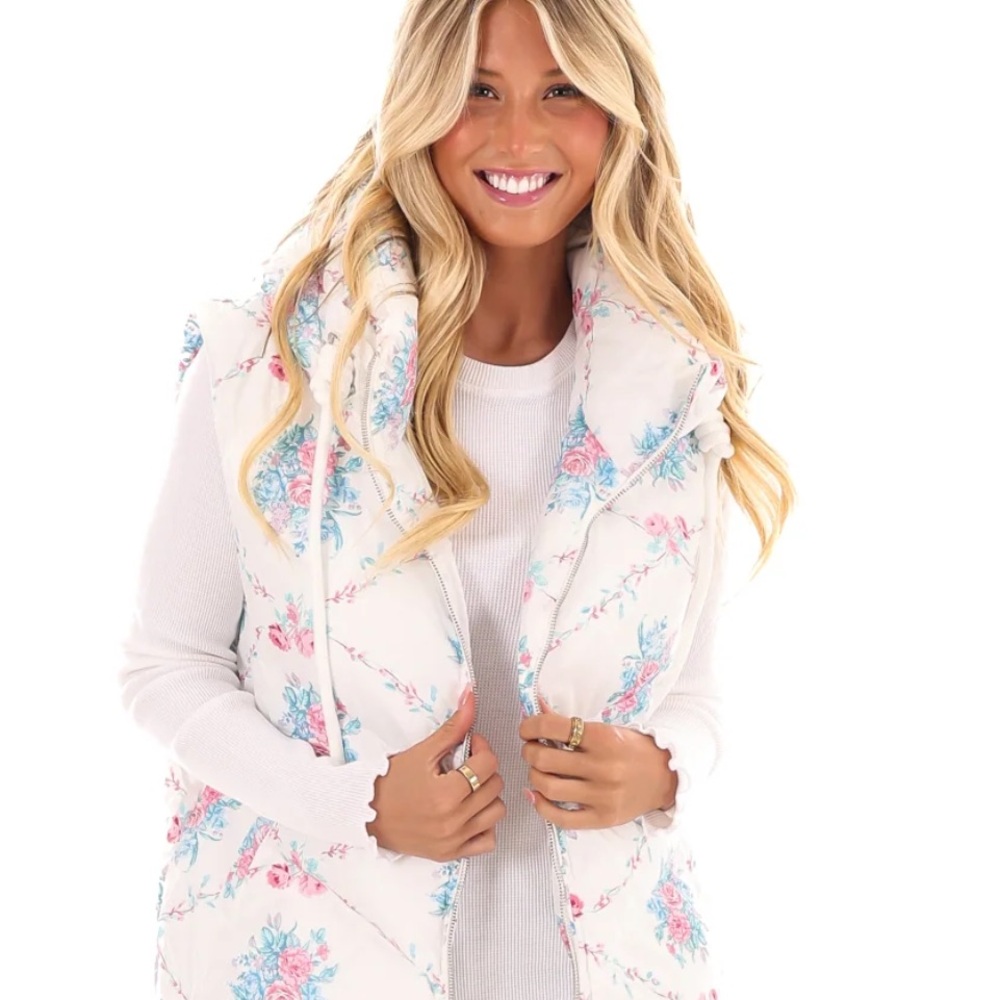 TCEC Floral Puffer Vest - White and Pink